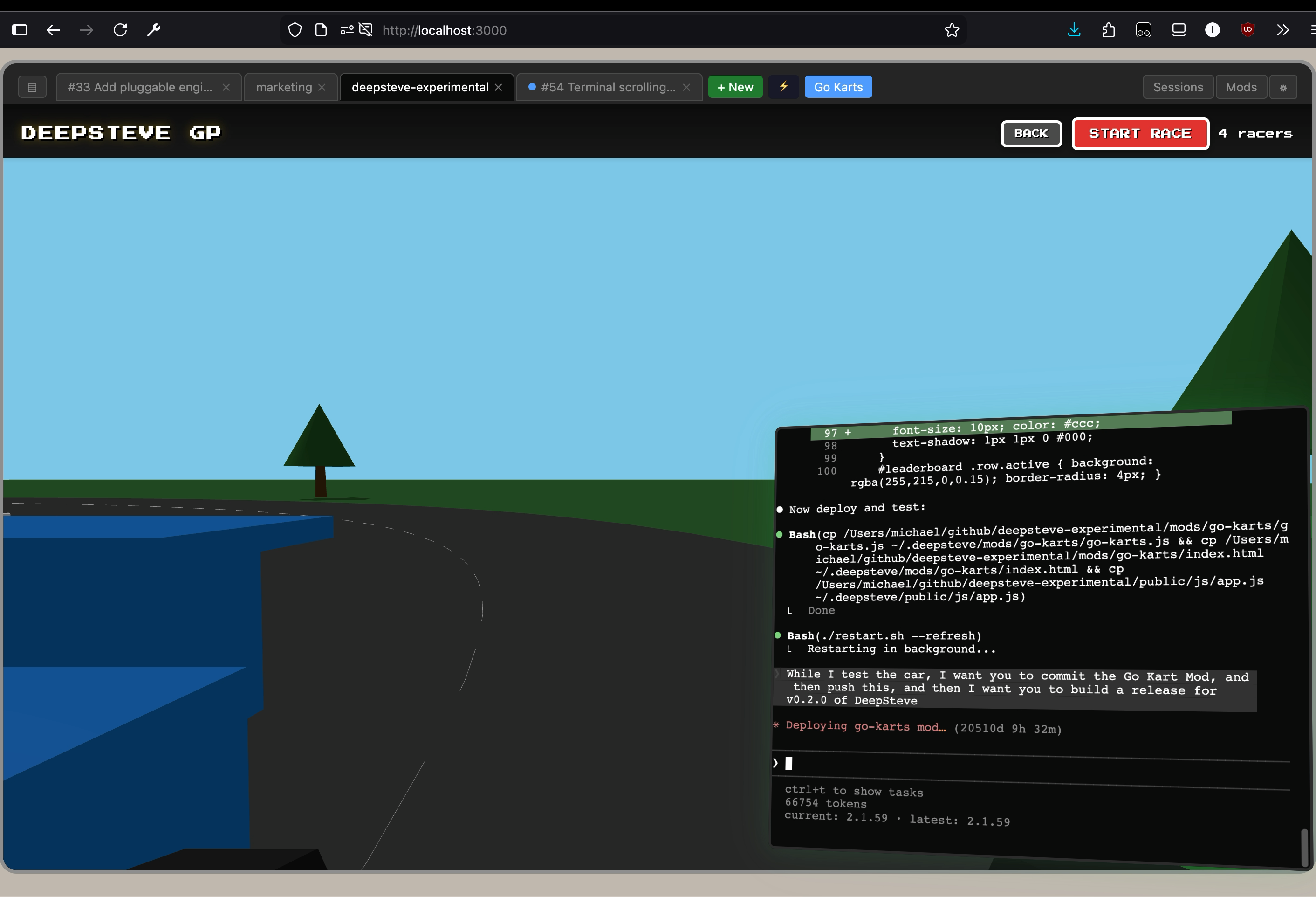 Deep Steve — Go Karts mod with in-kart terminal deploying code mid-race