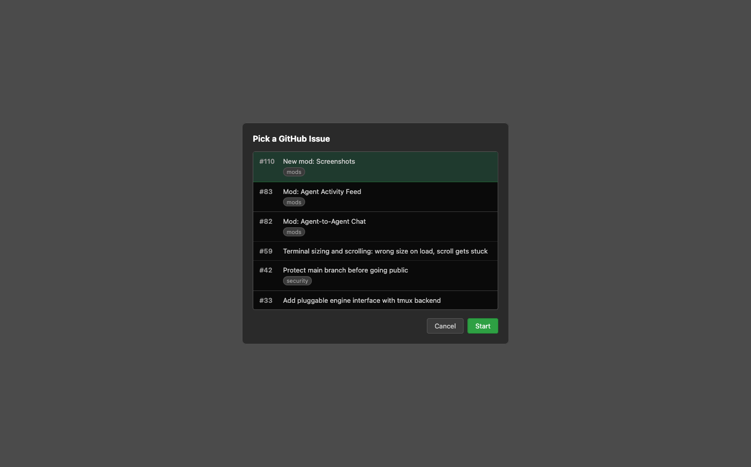 GitHub issue picker modal