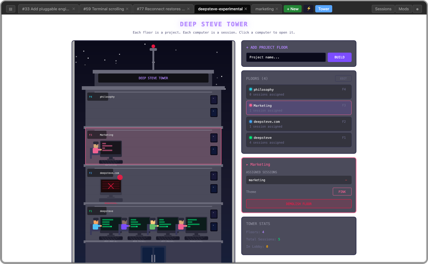 Tower view — visual project and session overview